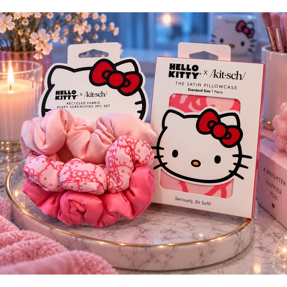 Hello Kitty x Kitsch Satin Pillowcase and 3pc Puffy Scrunchie Set Pink Sanrio